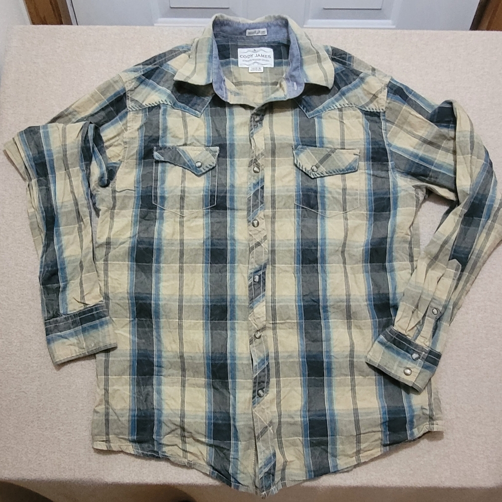 Cody James‎ Regular Fit Pearl Snap Western Shirt Men's M Blue Tan Plaid  Cotton